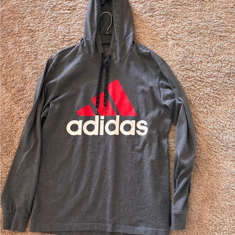 Adidas Charcoal Hoodie with Vibrant Red Logo